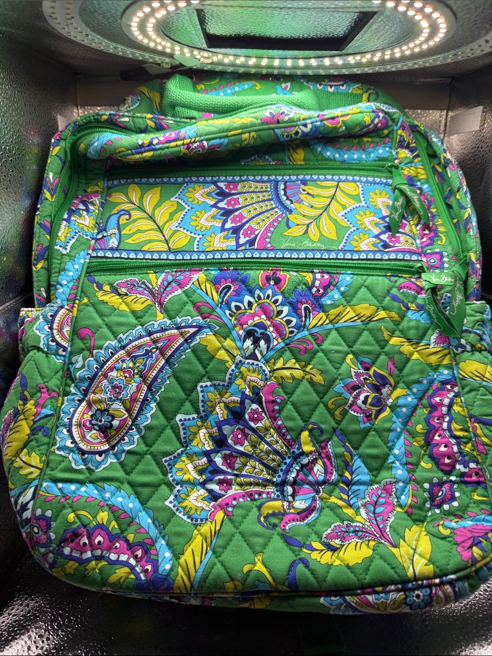 Vera Bradley Green Quilted Paisley Backpack with Yellow & Pink Accents